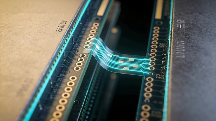 Camera panning PCB channel four pulsing cyan traces signaling data flow on bench with gold pads