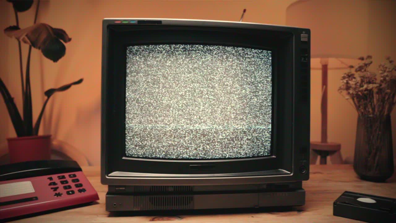 TV retrò, televisione vintage. In un'ambientazione nostalgica, un televisore retrò mostra grana sullo schermo, dispositivo per una spaventosa notte di Halloween, ottimo per chroma key e green screen. Filmato 4K di alta qualità.