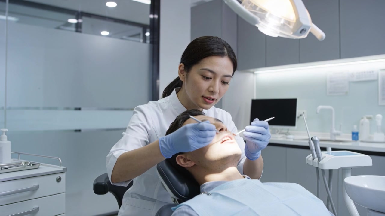 Bệnh nhân há miệng, nha sĩ cúi người mặc áo khoác trắng, đeo găng tay kiểm tra bằng gương và dụng cụ thăm dò trong phòng khám