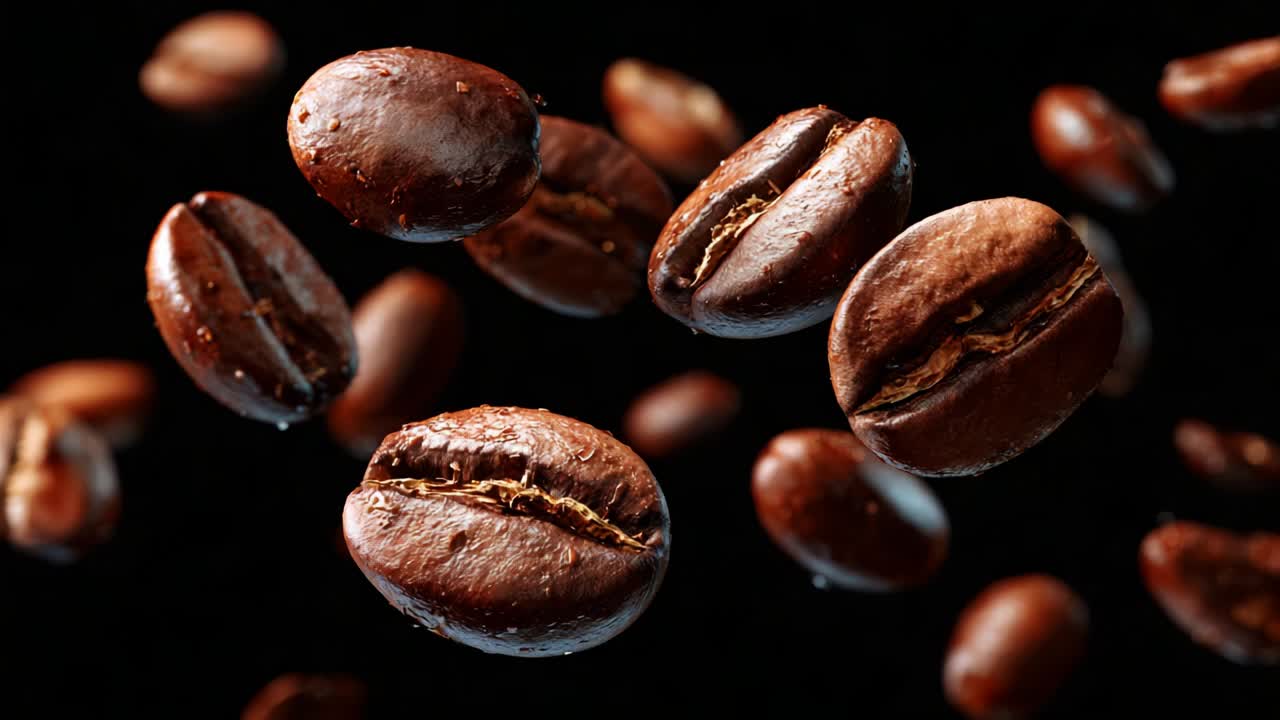 En fængslende rejse gennem kaffens verden: Oplev den fyldige smag af dråber fanget i bevægelse med levende, blanke kaffebønner svævende mod en mørk baggrund