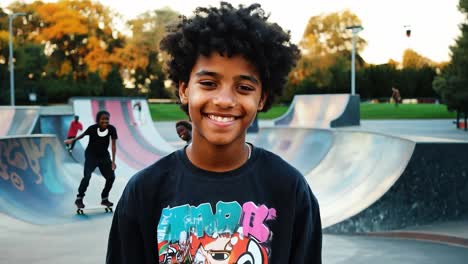 young boy smiling at skate park