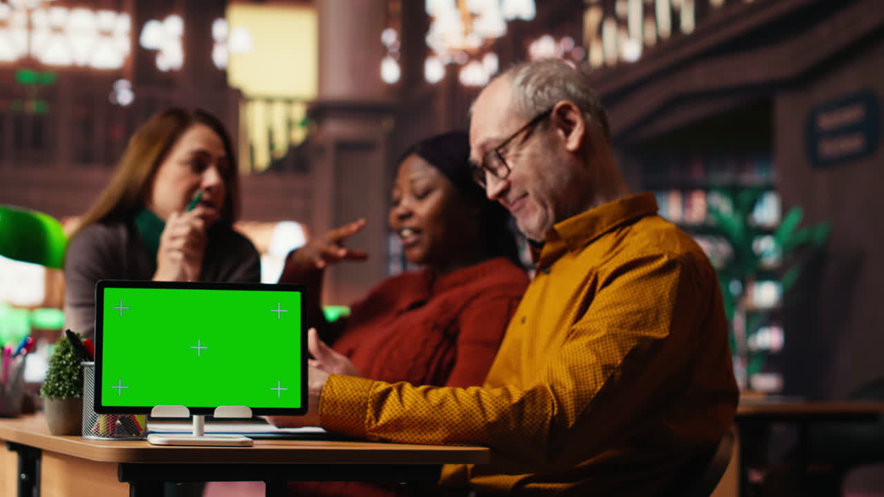 Business Meeting with Green Screen Tablet
