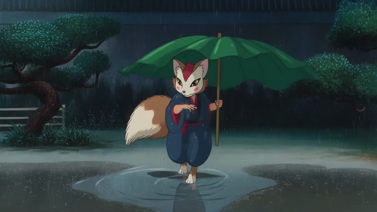 Fox with Umbrella in the Rain