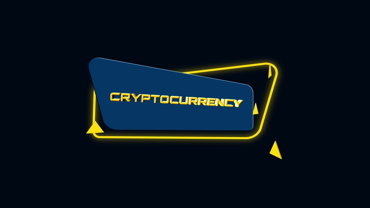 3d animación texto criptomoneda en el estandarte geométrico plano de moda. objeto volador y giratorio. animación gráfica de movimiento de video 4k.