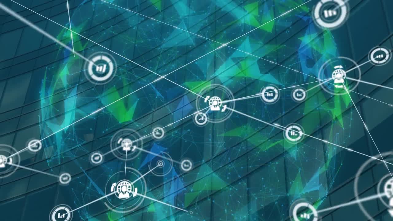 Animation of network of connections with icons over cityscape