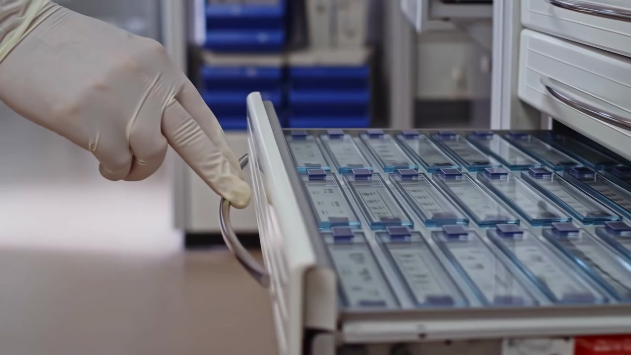 Una vista ravvicinata segue una mano guantata protettiva che fa scorrere il cassetto verso l'esterno mentre file ordinate di vetrini da microscopio etichettati appaiono, con armadietti bianchi e contenitori blu leggermente sfocati sullo sfondo