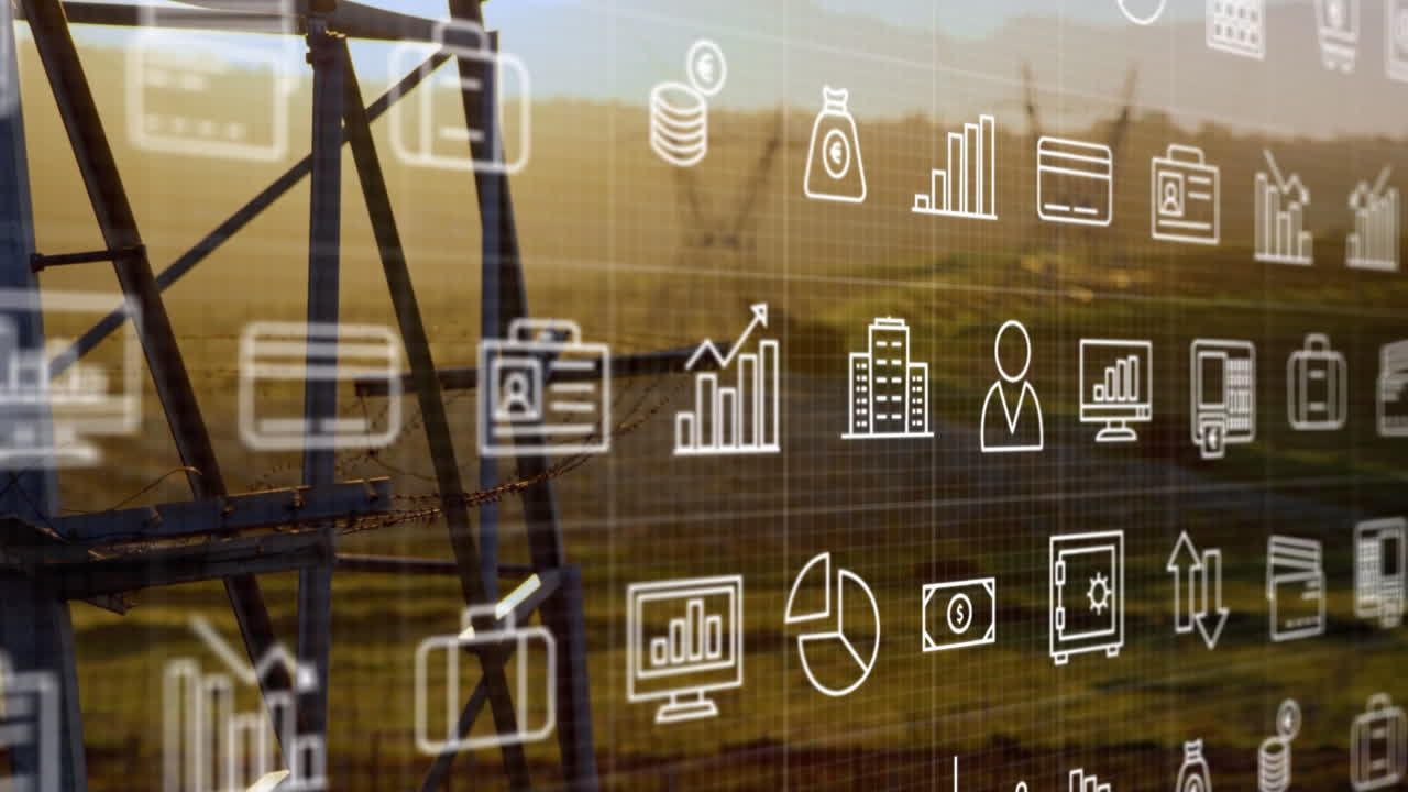 animación de iconos sobre pilares de electricidad