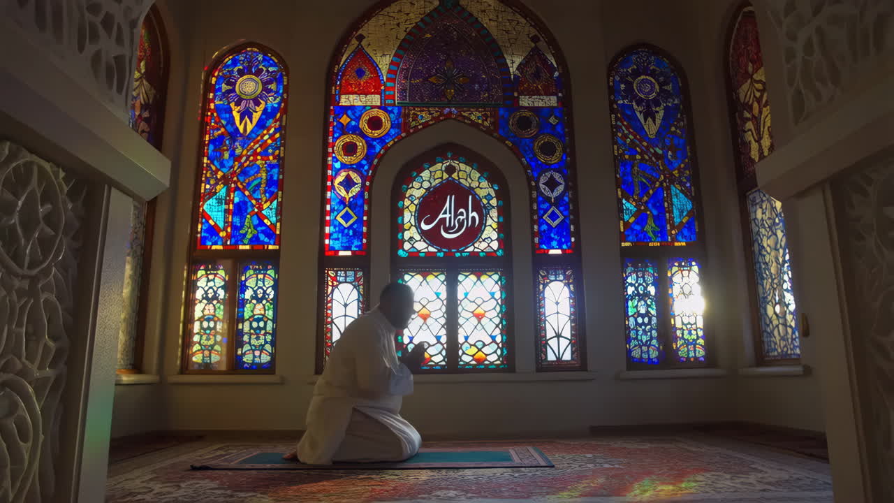 Muslim Man Praying in a Mosque with Ornate Stained Glass Windows