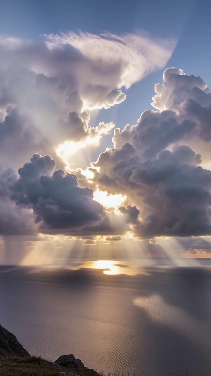 Video verticale: raggi di sole che filtrano attraverso le nuvole a incudine sulla costa
