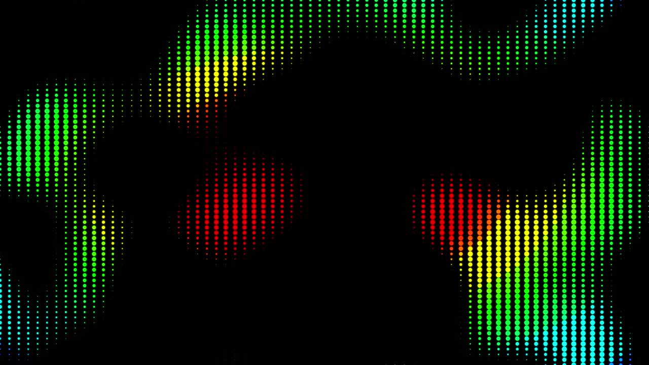 Abstract motion background loop digital dots modern blue, red and green on black background. Halftone comic dot animation