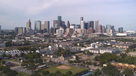 Drone-view-of-downtown-Houston-and-surrounding-landscape