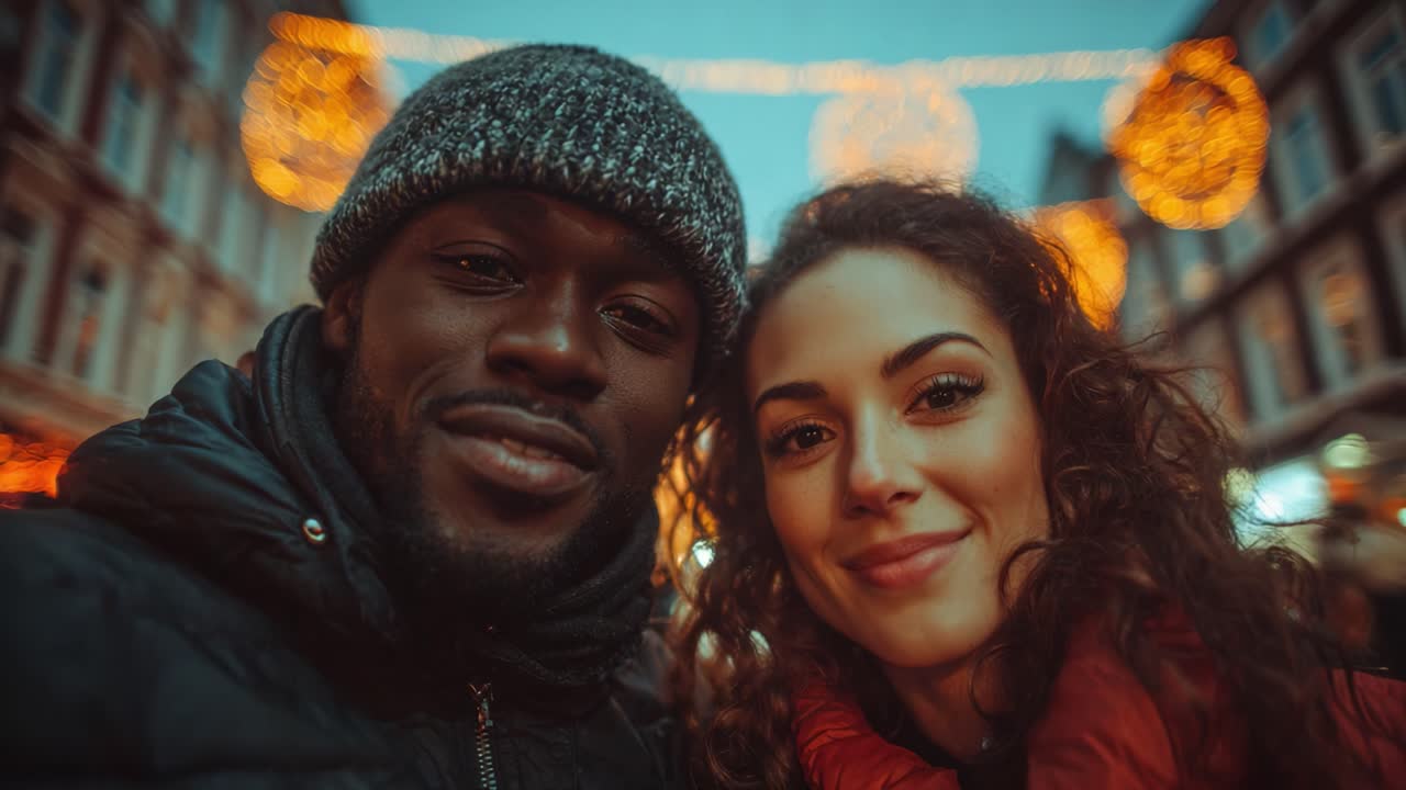 Immortaliser un moment de joie : un couple souriant pose pour un selfie dans une ambiance festive avec des décorations lumineuses en arrière-plan