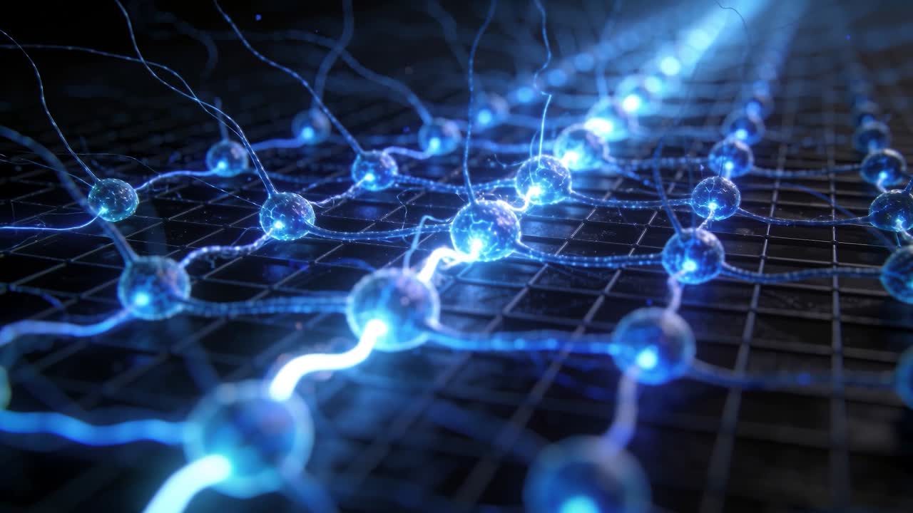 Traveling pulse appearing along row on grid moving toward foreground, lighting filaments and nodes