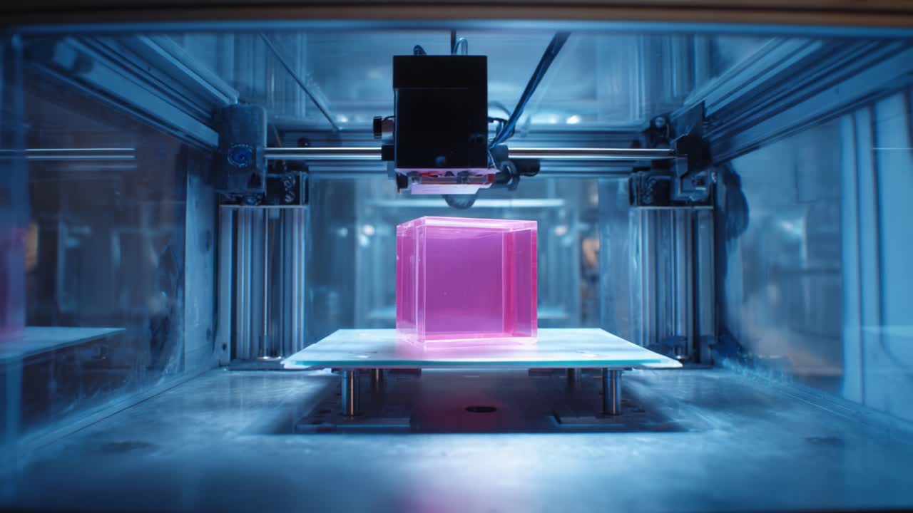 A Stunning Display of Advanced Technology in Action as a 3D Printer Constructs a Vibrant Pink Cube with Precision and Intricacy in a Modern Workspace