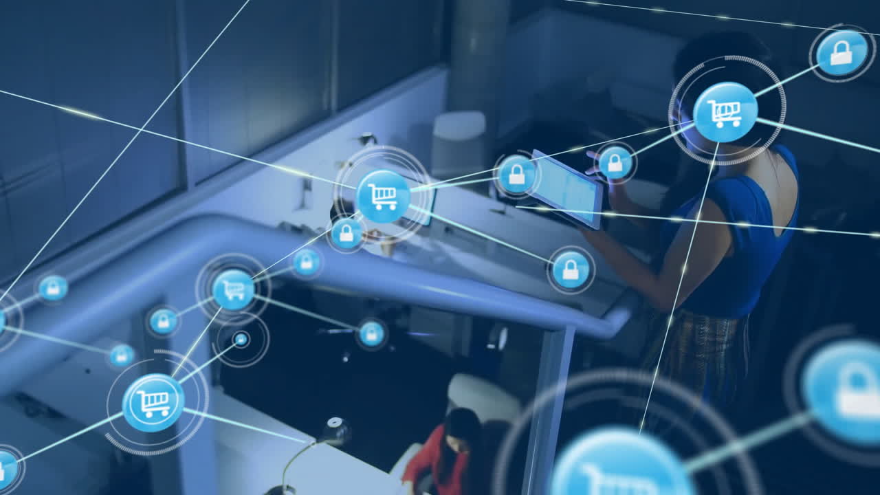 사무실에서 다양한 사업가들과의 아이콘과의 연결 네트워크의 애니메이션