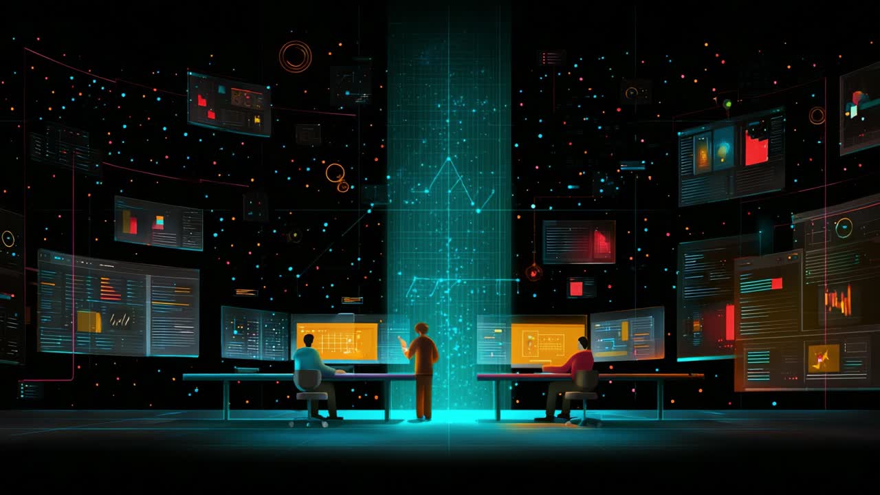 Exploring Data Analytics: A Glimpse into a Futuristic Control Room with Dynamic Visualizations and Advanced Technology in Action