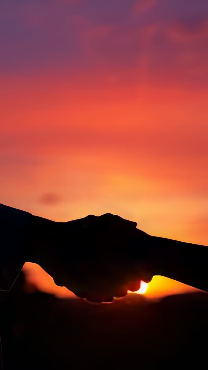 Vertical video: Extending arms clasping hands framing sun at hill ridge, symbolizing partnership