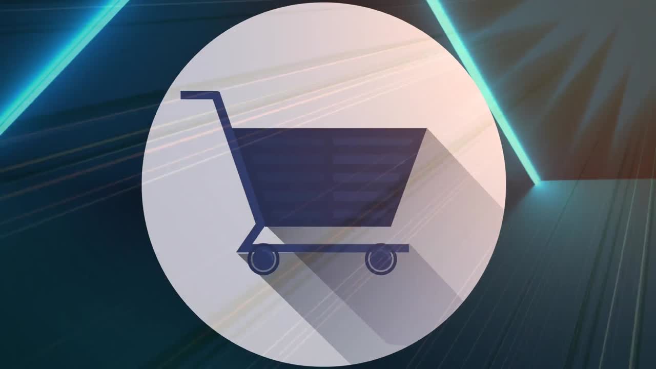 블루 네온 나선, qr 코드 및 쇼핑 카트 아이콘의 애니메이션 검은색 배경에 빛  ⁇