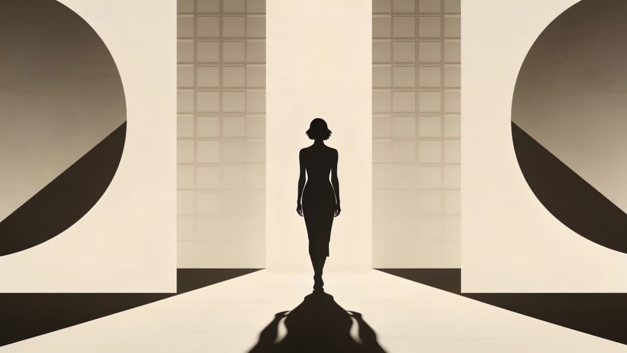 Silhouette di donna che cammina in controluce, che entra nel fascio di luce su una passerella illuminata in abito midi.