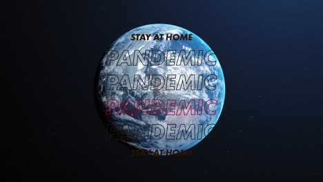 red stripes against stay at home and pandemic text over globe on blue background