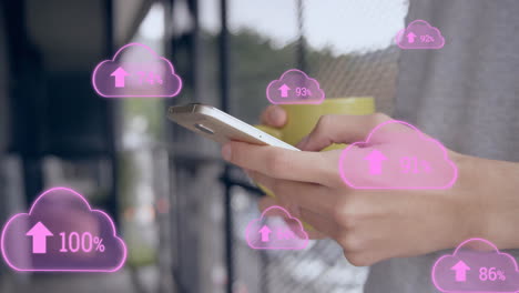 animation of clouds with growing numbers over caucasian woman using smartphone