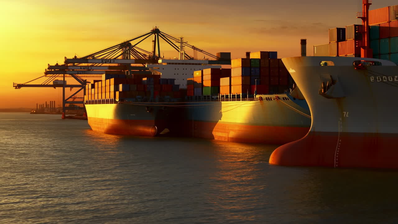 Large Container Ships Docked at a Commercial Port During Golden Sunset
