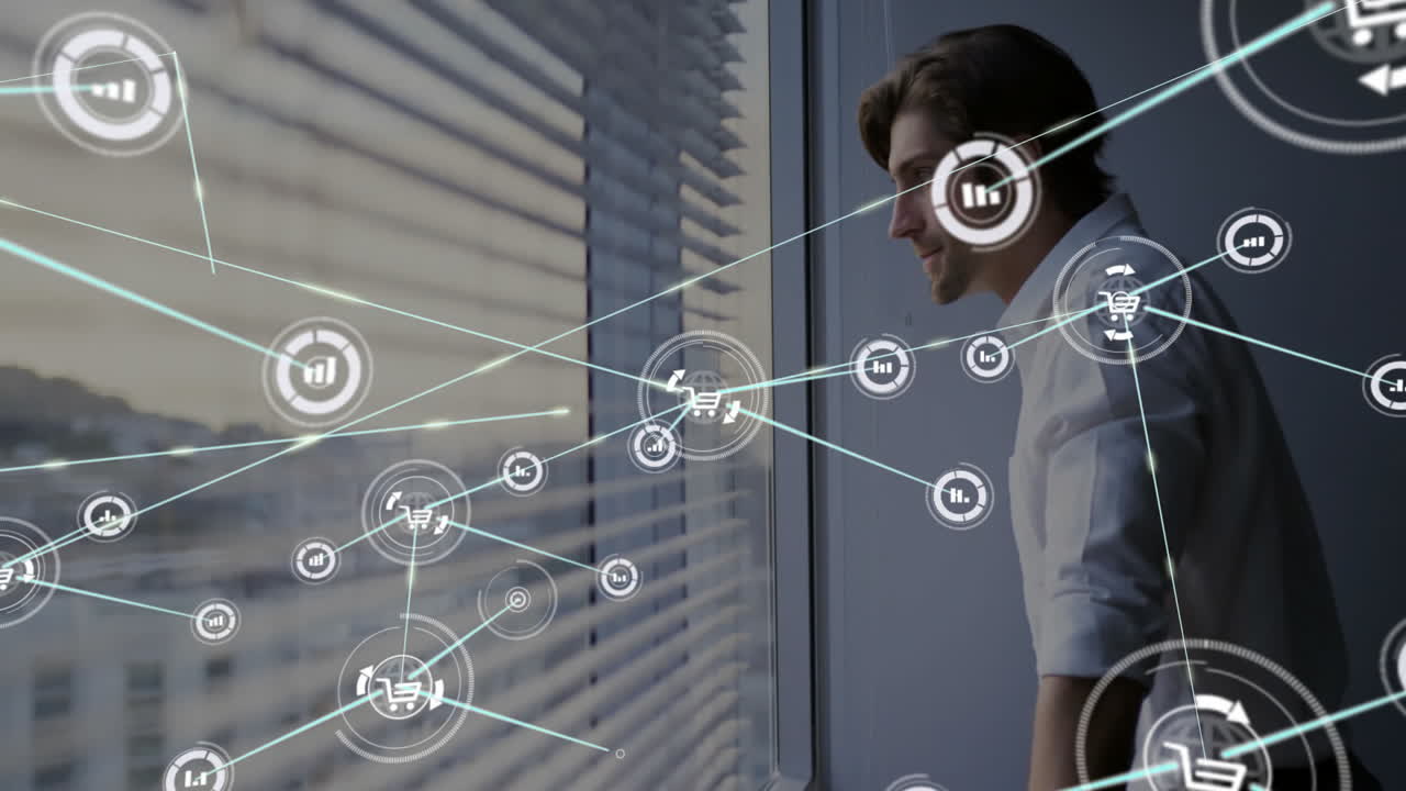 animación de la red de conexiones con iconos de estadísticas sobre empresario caucásico