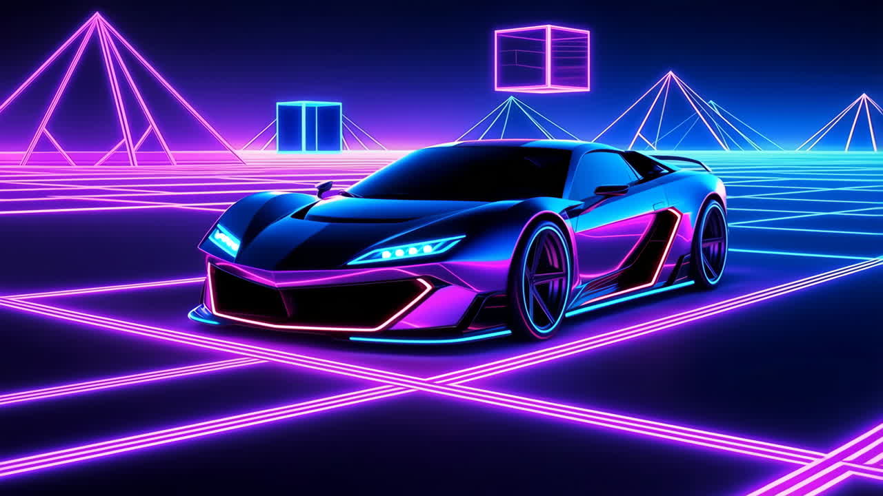 Futuristic Neon Sports Car in a Synthwave Grid Environment