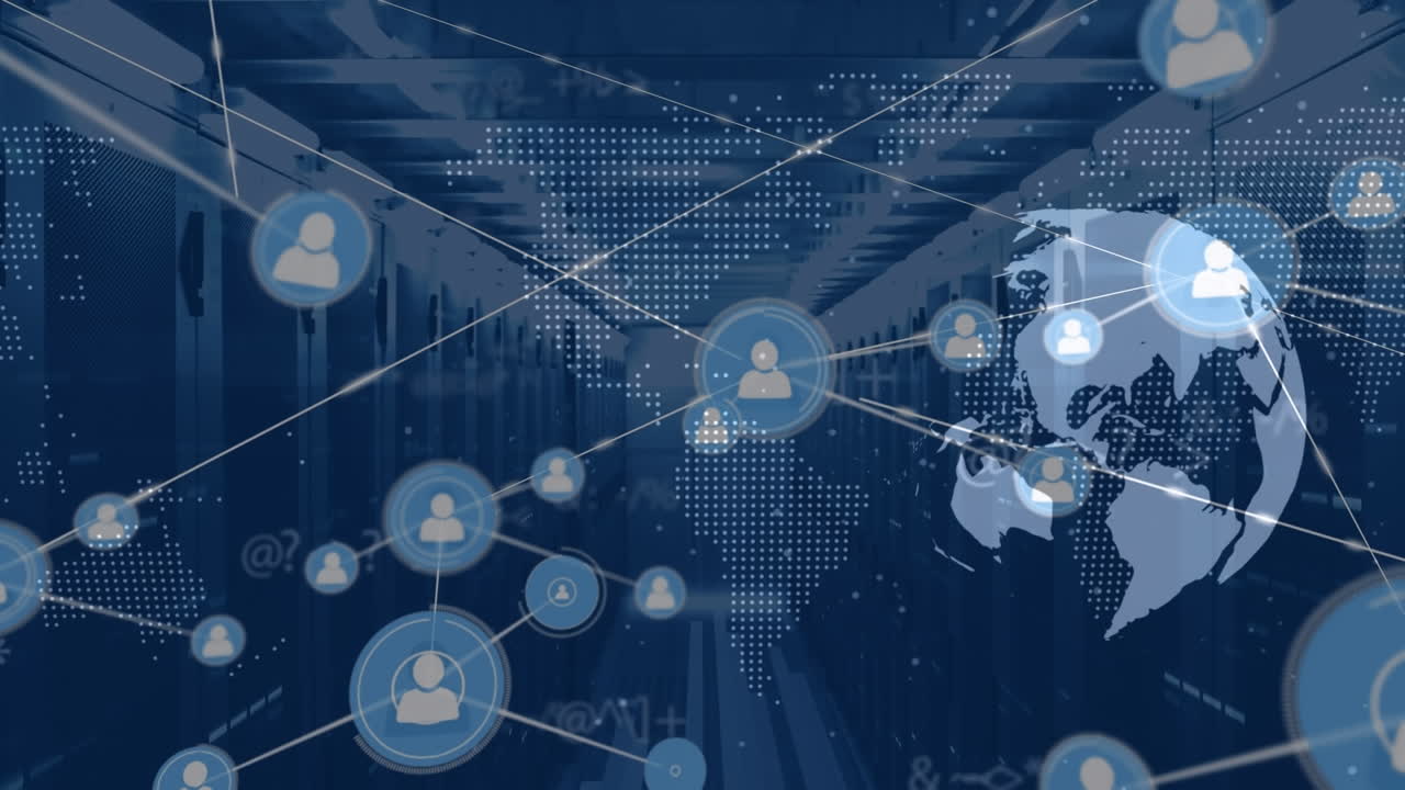 서버  ⁇  위의 세계 지도와 연결 네트워크와 데이터 처리의 애니메이션