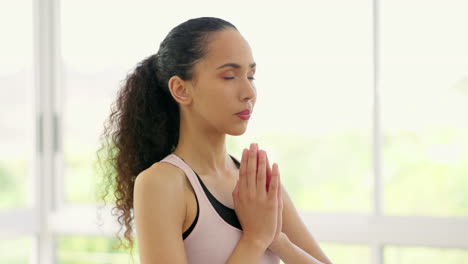 yoga, namaste meditation and woman in home