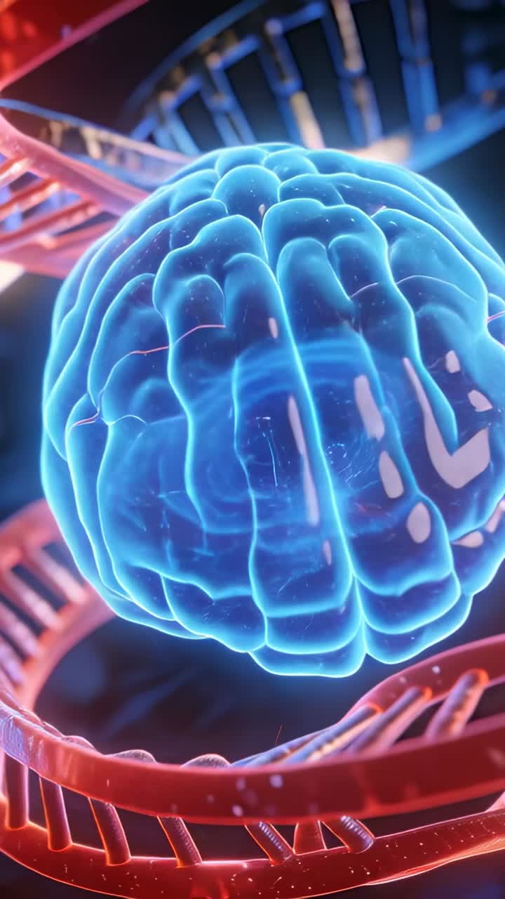 Vertical video: Pulsing light driving cam orbiting neon-blue brain showing filaments, red DNA in 3D