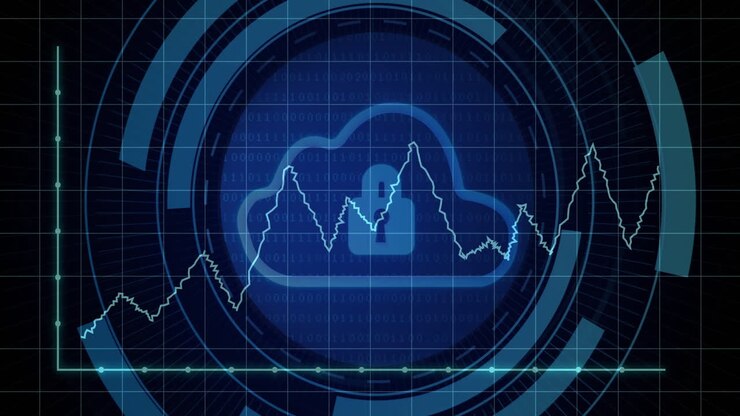 Animation of digital data processing over padlock and cloud icon on black background