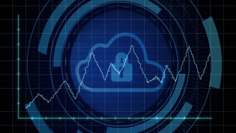 animación del procesamiento de datos digitales sobre un candado y un icono de nube sobre un fondo negro