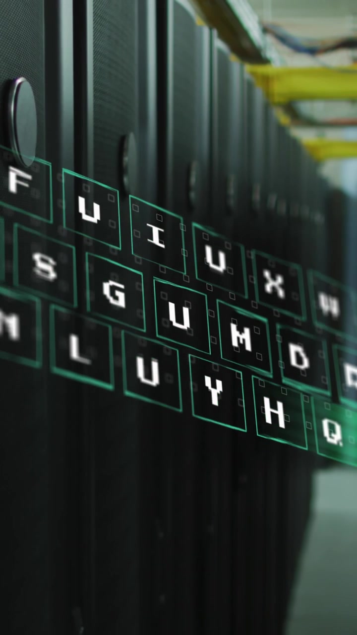 Animazione dell'elaborazione dati su sfondo di una sala server di computer.