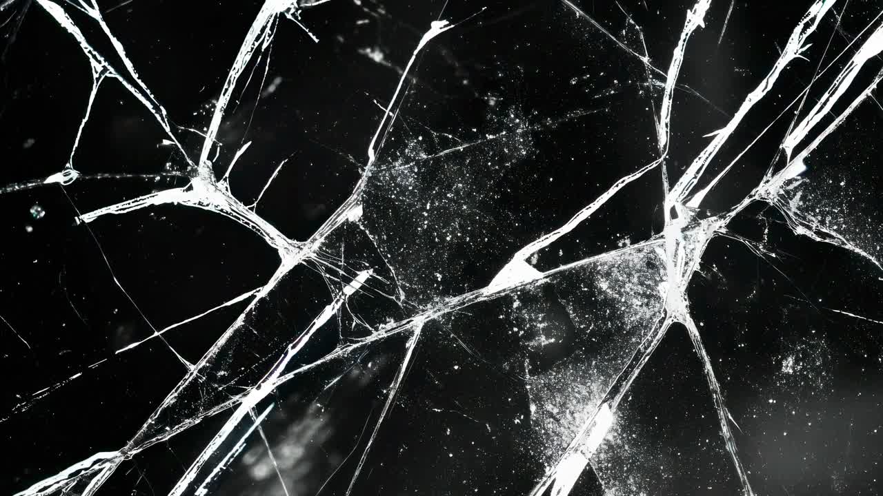 Close-up shot of shattered glass on a black background, capturing intricate cracks and reflections