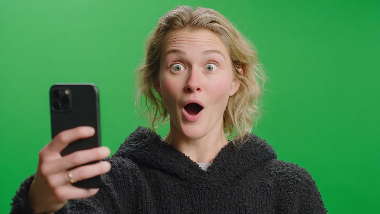 Excitement Unleashed: A Person's Joyful Reaction Captured During a Moment of Surprise While Holding a Smartphone Against a Vibrant Green Screen Background