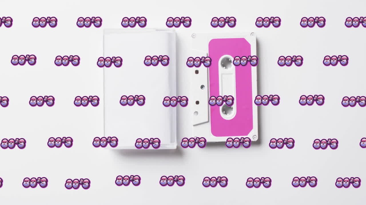Animation of 80s texts over tape on white background