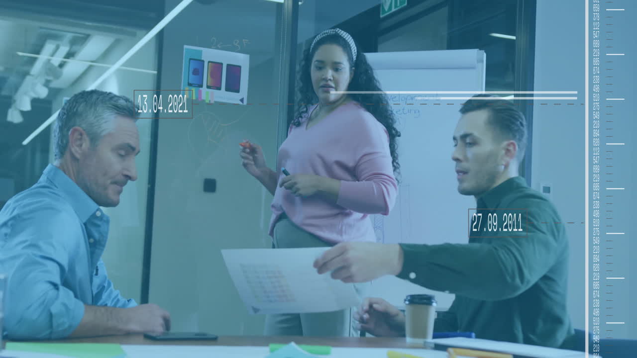 Animation of processing data over diverse colleagues at casual office meeting