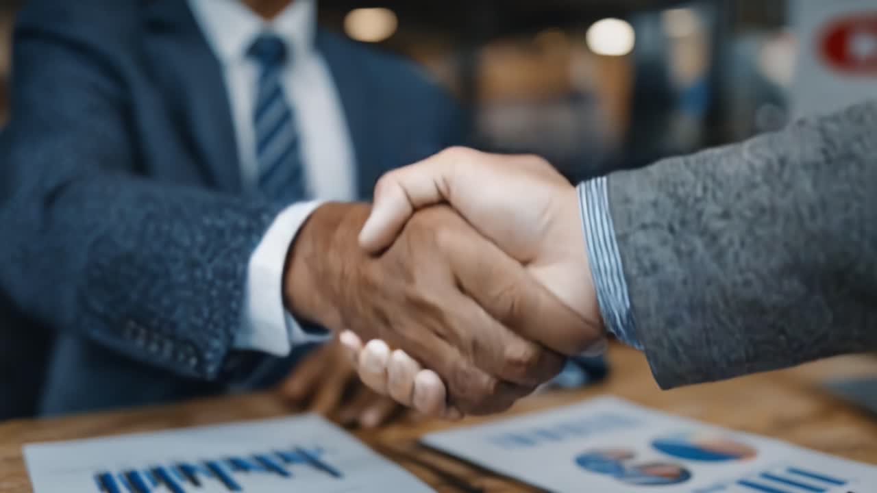Professionisti d'affari che si stringono la mano per concludere un affare, mostrando fiducia e cooperazione in un moderno ambiente d'ufficio con grafici finanziari.