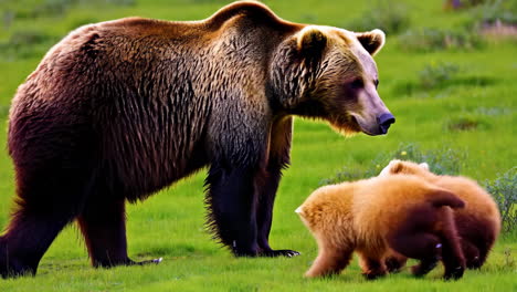brown bear with two cubs in a grassy field