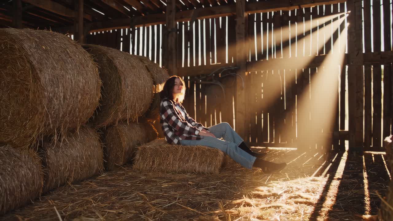 mujer sentada en un granero lleno de pilas de heno