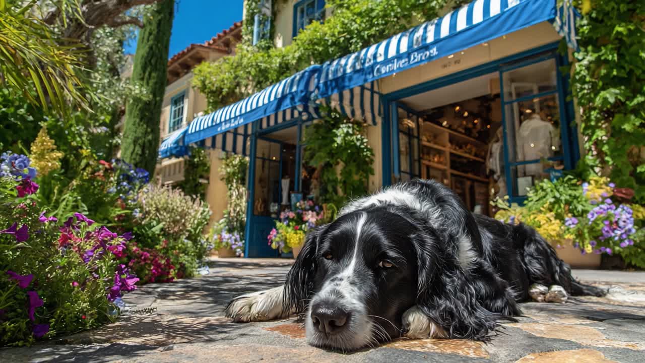 Un cane rilassato si gode la giornata di sole davanti a una vetrina affascinante decorata con vegetazione lussureggiante e fiori vivaci