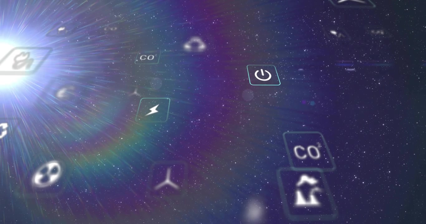 Energy icon cluster drifting across starfield, left flare initiating spread while showing metrics