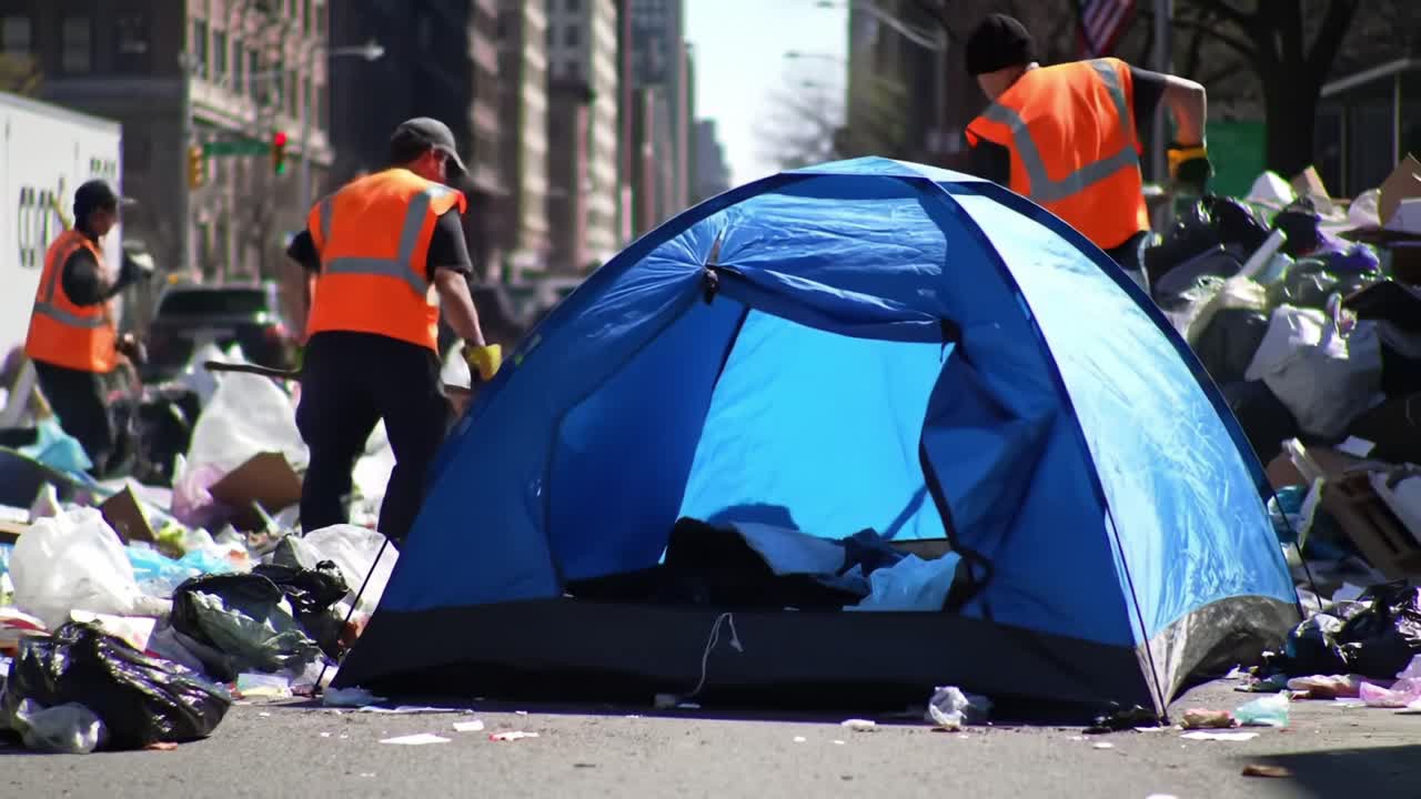 Workers in Safety Vests Clean Up Debris Around a Blue Tent in a City Street, Confronting Waste and Litter Amidst Urban Challenges