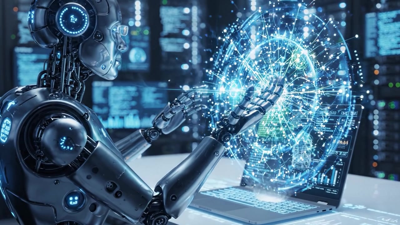Robotic Intelligence: A Cybernetic Entity Analyzes Data and Visualizes Information through Advanced Computing Technology in a Futuristic Environment