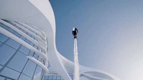 person flying a jetpack above modern city buildings