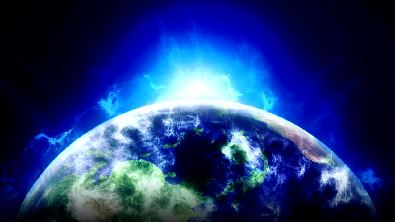 Terra nuvolosa nello spazio, simbolo aziendale, animazione in loop blu