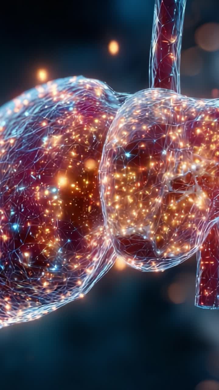 Una straordinaria rappresentazione digitale del rene umano, che mostra le sue intricate strutture e la sua bellezza naturale attraverso colori vivaci ed effetti scintillanti