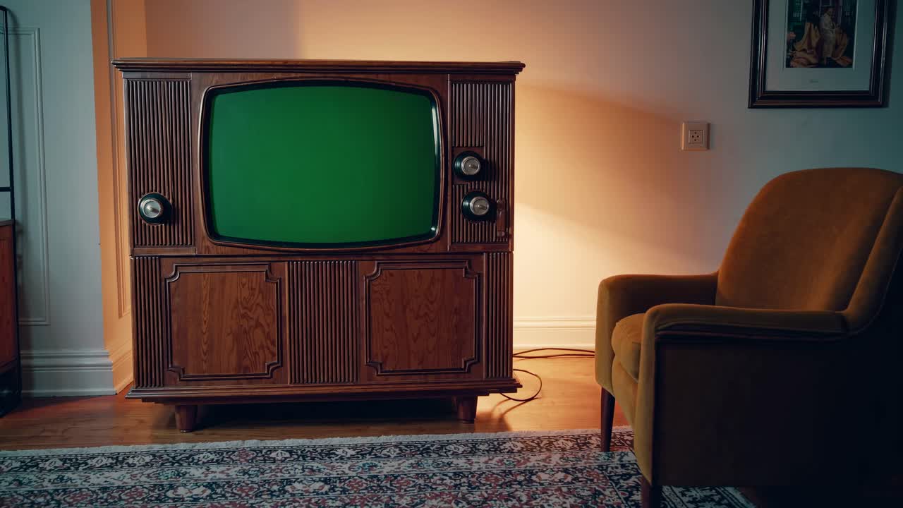 Vintage TV with a green screen beside a retro armchair, captured at eye level