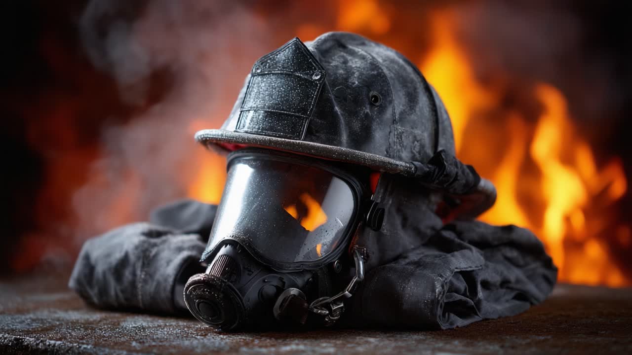 A Dramatic Close-Up of a Firefighter's Gear, Featuring a Mask and Helmet, Set Against an Intense Blazing Background, Symbolizing Courage and Dedication in the Line of Duty